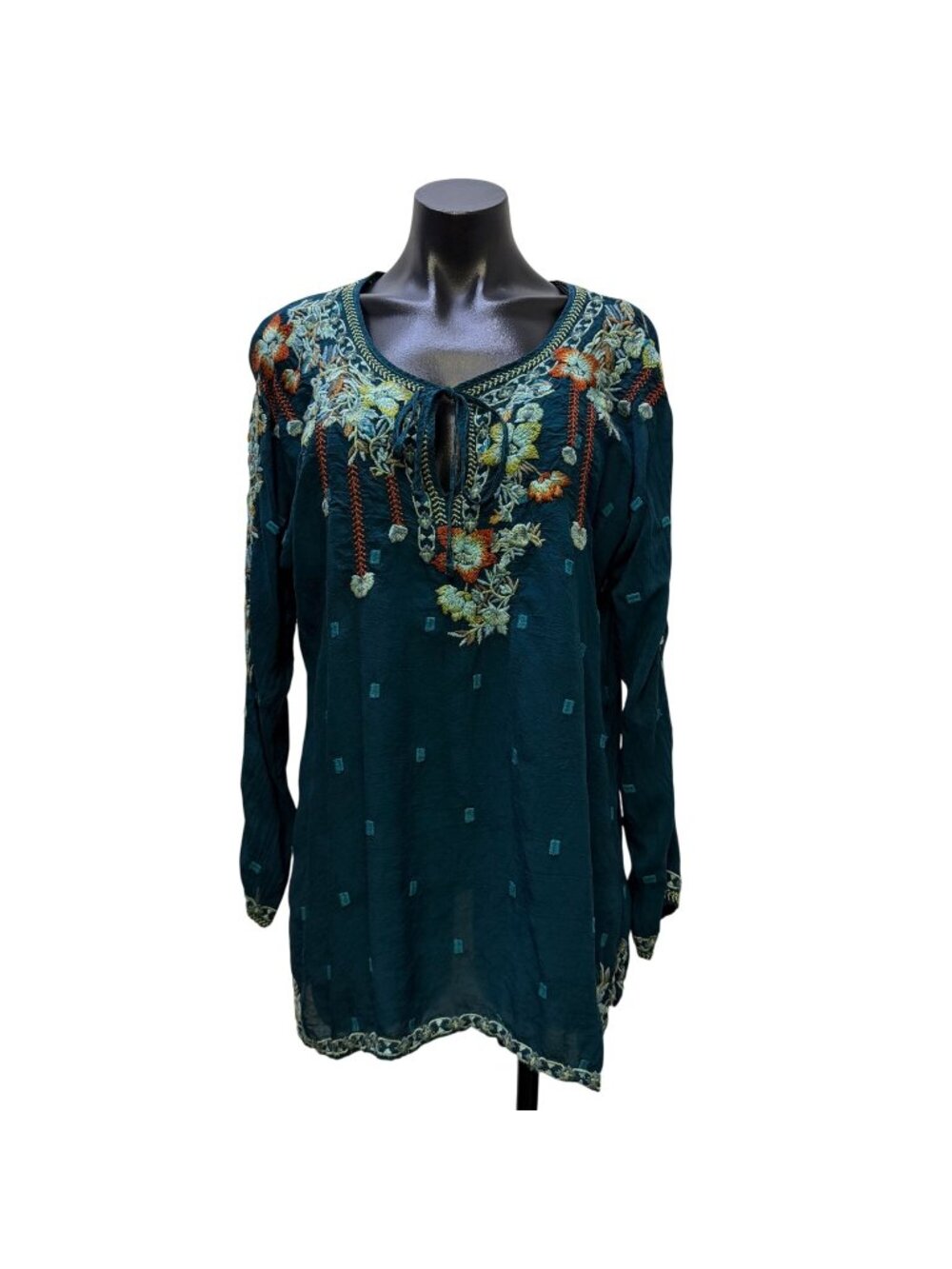 Johnny Was Embroidered Teal Blouse With Floral Details & Long Sleeves L